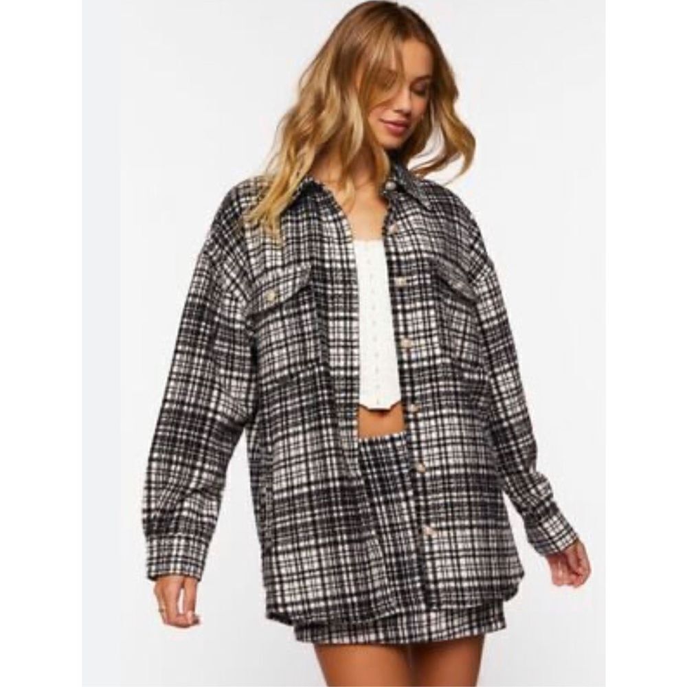 Forever 21 Plaid Longline Shacket Black New Size Large
